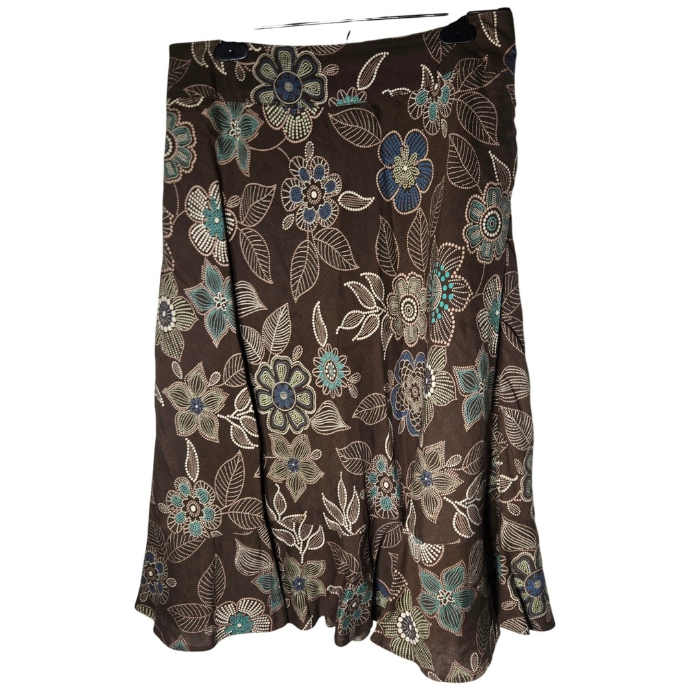 East 5th Brown‎ Floral Linen Midi Skirt 10 Cottage Boho Summer Career Whimsigoth